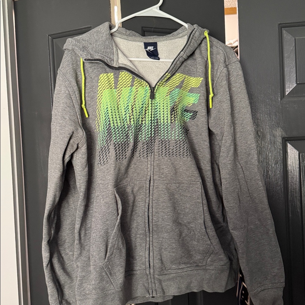Nike Gray Full Zip Hoodie with Neon Yellow Highlights